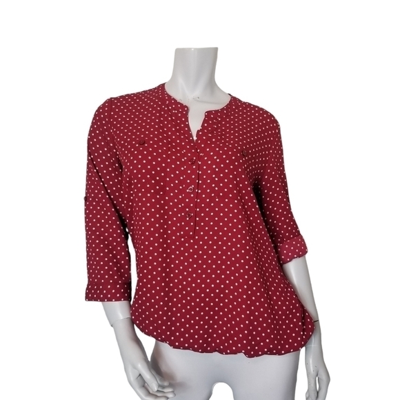 SohoJeans SZ M Popover Blouse New York & Company Red Polka Dot Half Button - Picture 1 of 12